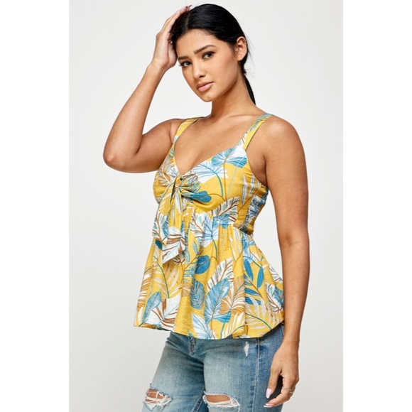 Honey Yellow Blue Tropical Floral Knotted Cami Babydoll Summer Vacation Tank Top - Picture 5 of 5